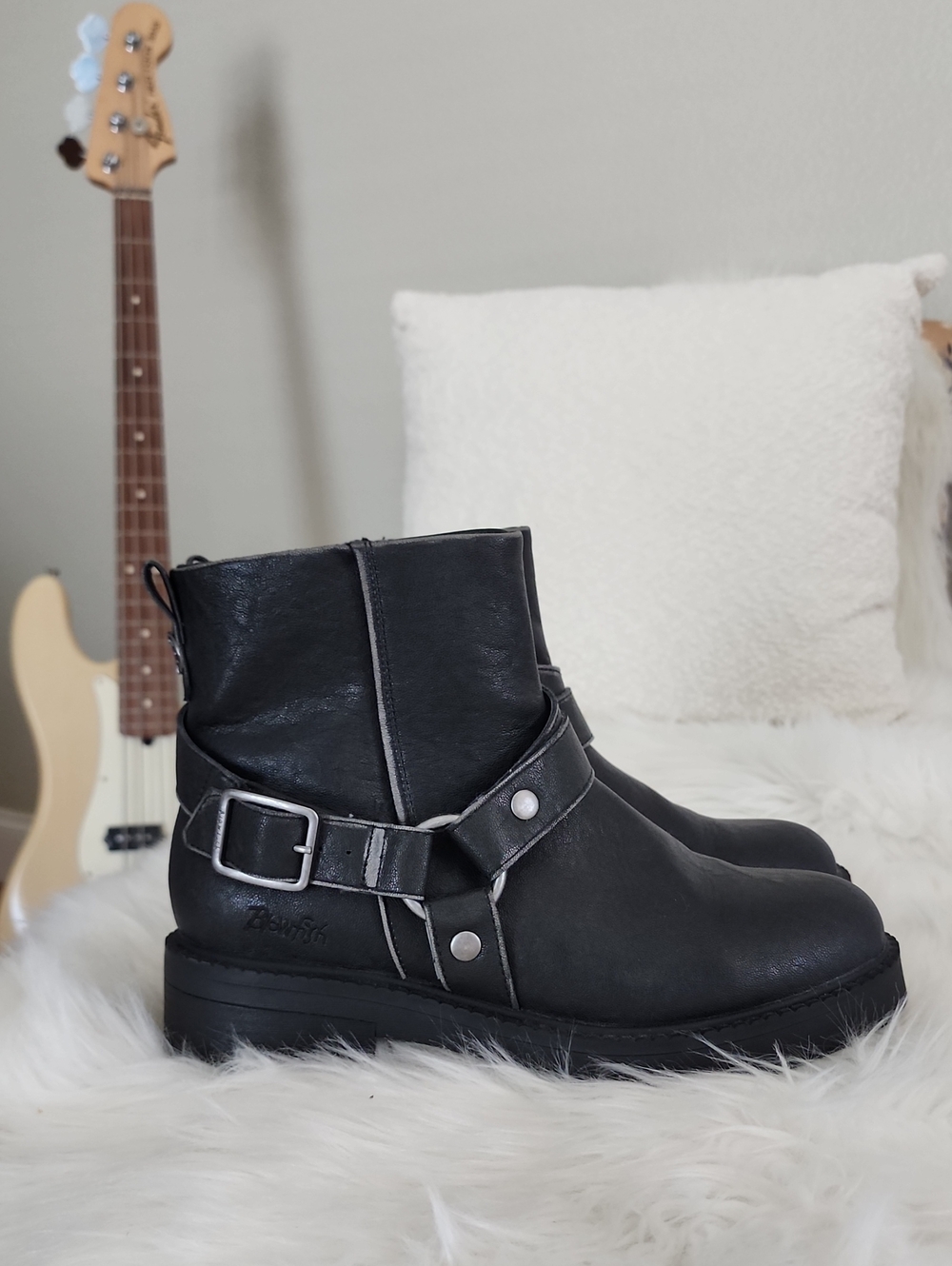 Women's Black Moto Ankle Boots with Buckle Strap